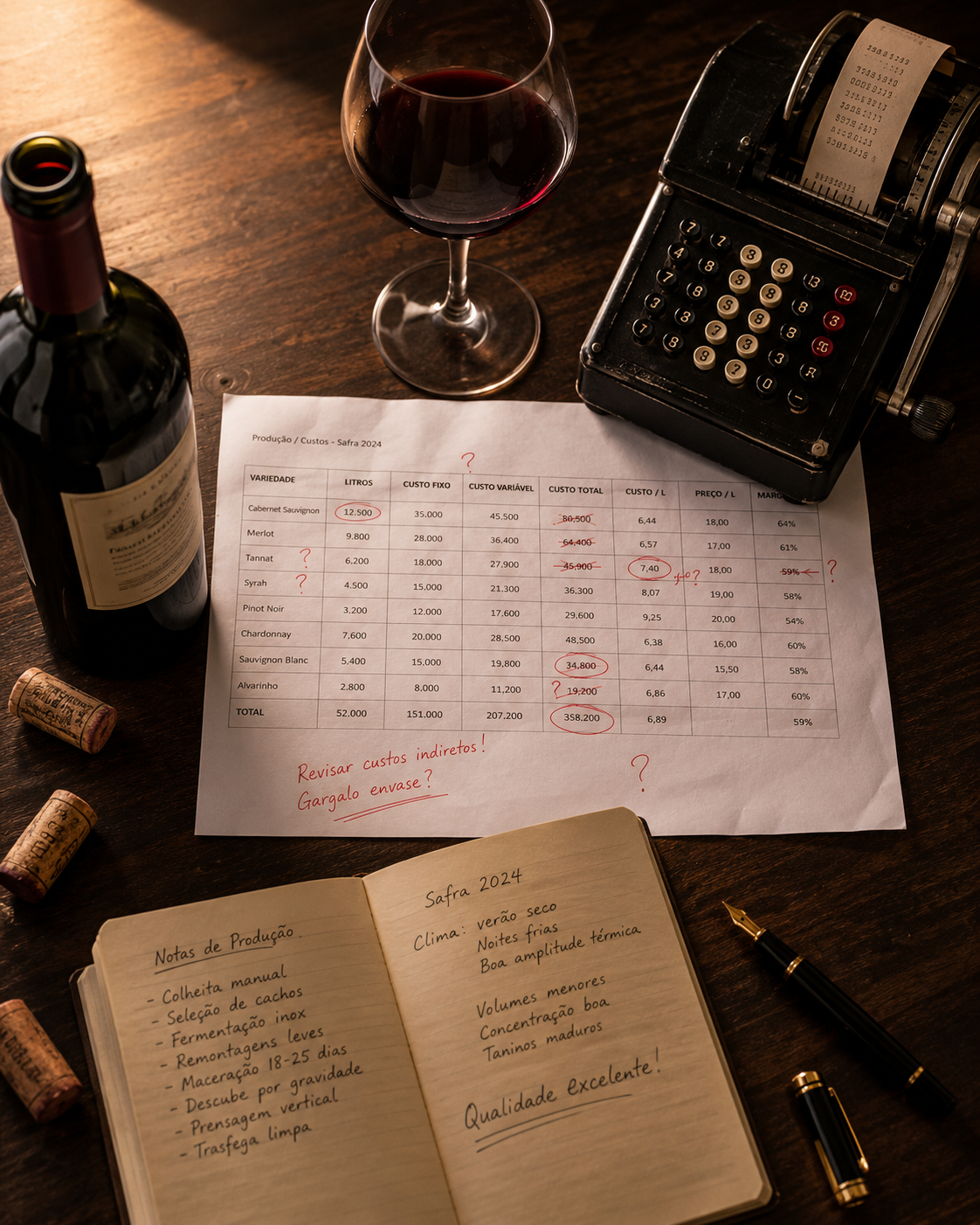 Planilha de custos de safra ao lado de taça de vinho tinto, garrafa, máquina de calcular antiga e caderno de notas de produção